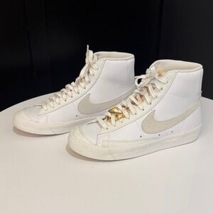 Nike White Hightop Blazers with Light Gray Swoosh & Gold Metal Swoosh on Laces